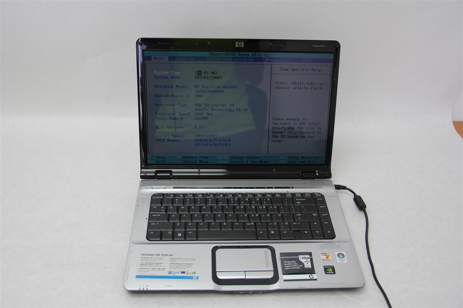 HP Pavilion dv6000 Laptop AMD Turion 64 MK-36 2GHz 1GB RAM BIOS Tested
